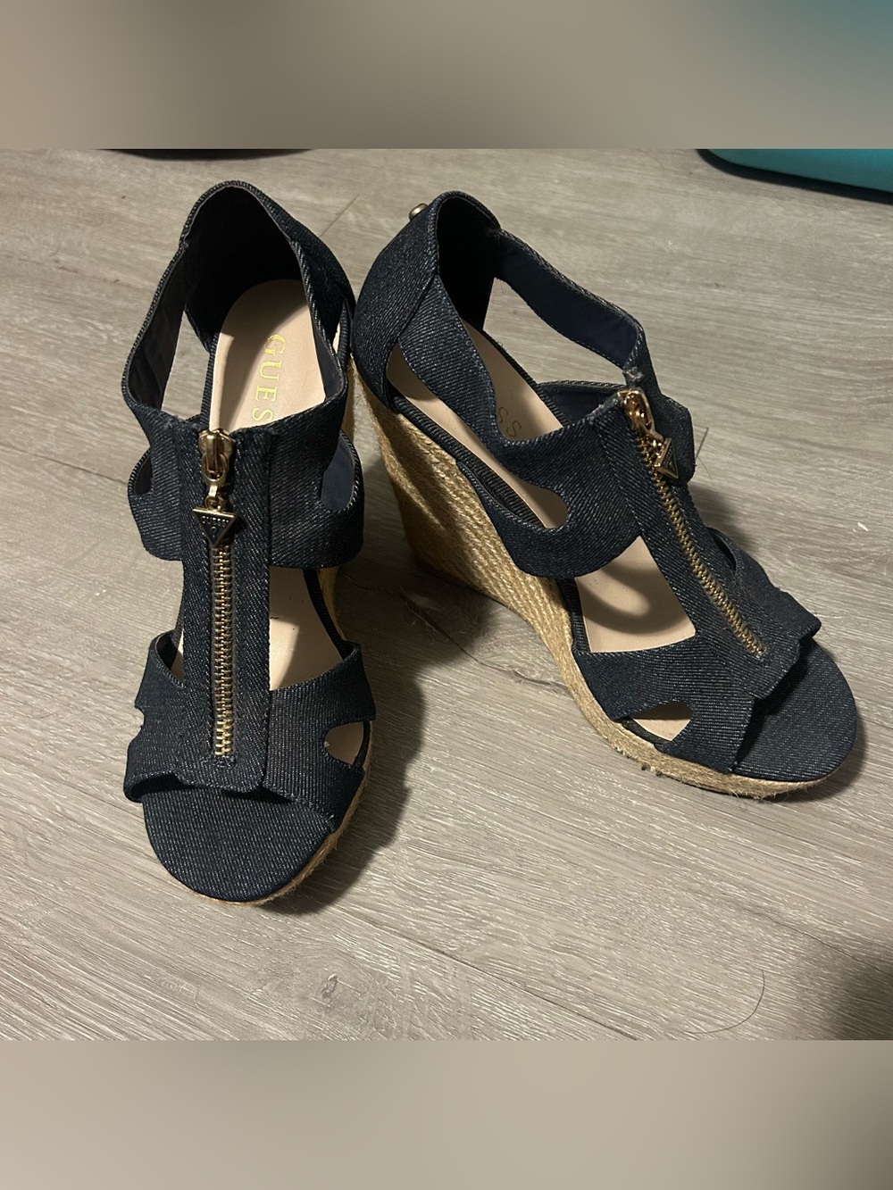 Guess Denim Espadrille Wedge Sandals Size 8